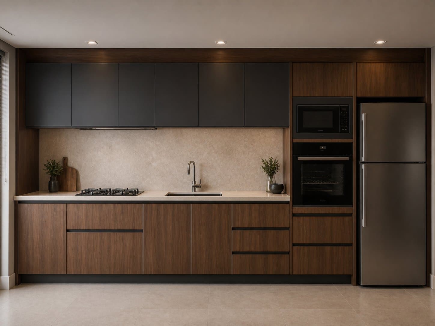 Cozinha linear com armários aéreos pretos, gabinetes em madeira escura e forno e micro-ondas embutidos